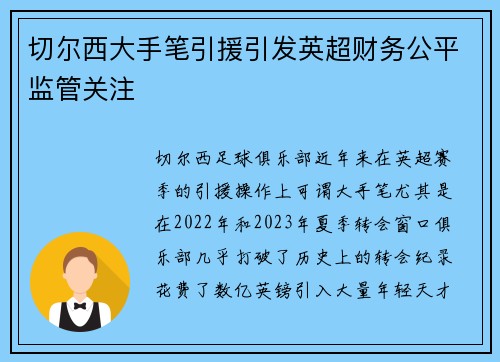 切尔西大手笔引援引发英超财务公平监管关注 切尔西大手笔引援引发英超财务公平监管关注